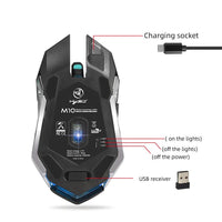 Mandotos wireless gaming mouse with glowing LED lights, 2.4GPI connectivity, designed for precise gaming performance.