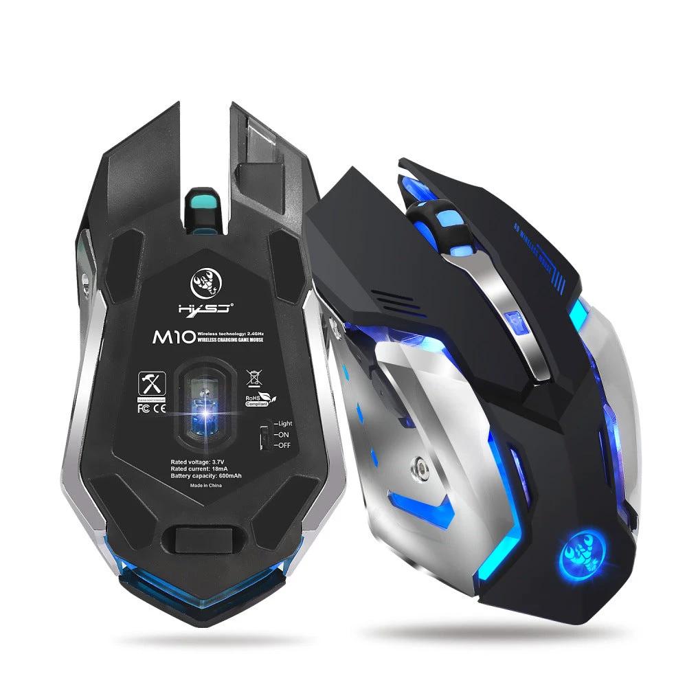 Mandotos wireless gaming mouse with glowing LED lights, 2.4GPI connectivity, ergonomic design, suitable for gaming and office use.