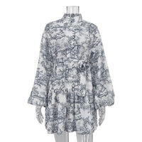 Mandotos ink print long sleeve short A-line dress with puffy sleeves, lapel tie, fashionable and stylish for women.