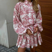 Mandotos ink print long sleeve short dress with puffy sleeves, lapel collar, and A-line silhouette, stylish fashion dress.