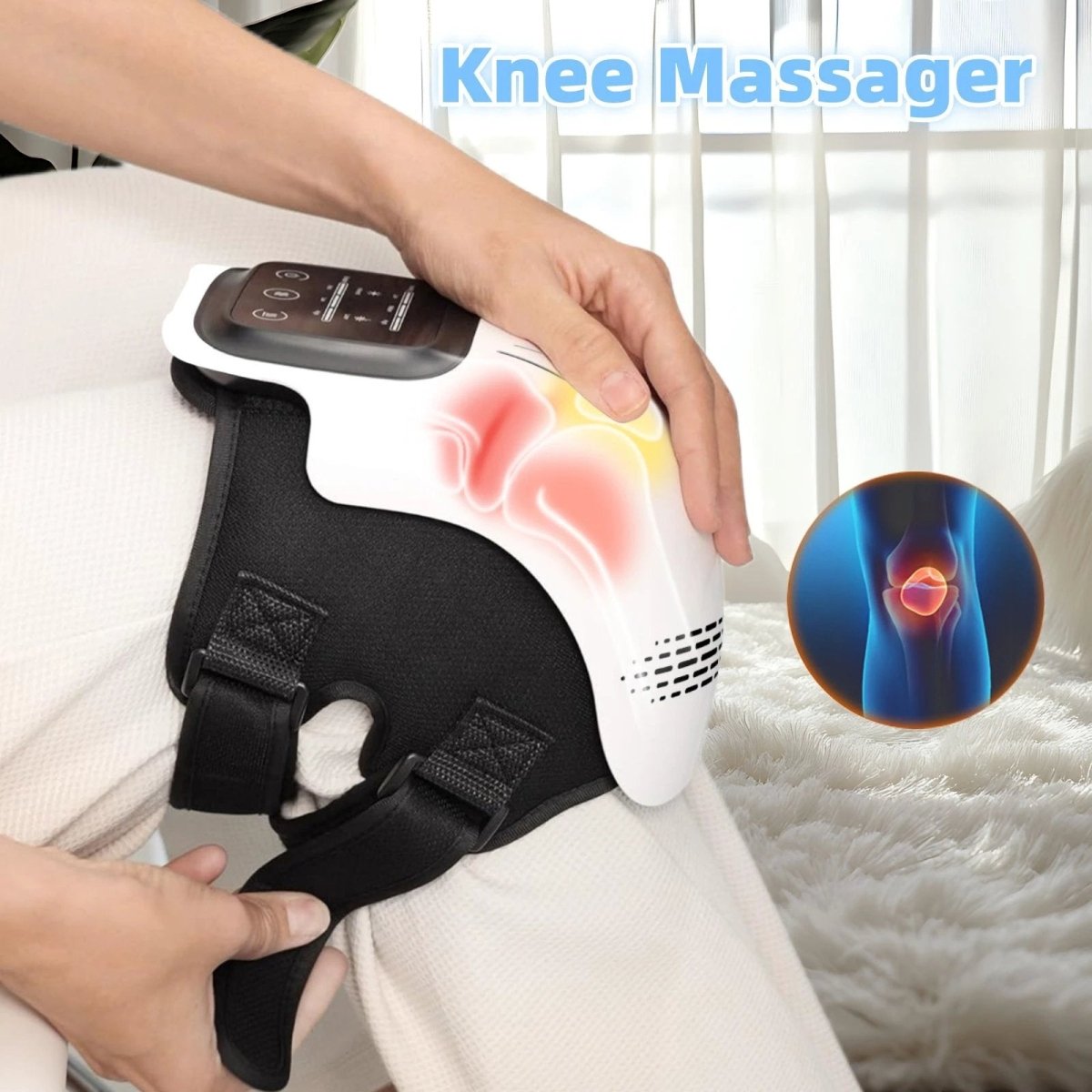 Mandotos knee relief massager with heating and vibration technology, showing the device wrapped around a knee for pain relief.