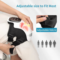 Mandotos knee relief massager with heating and vibration features, showing the device wrapped around a user's knee for pain relief.