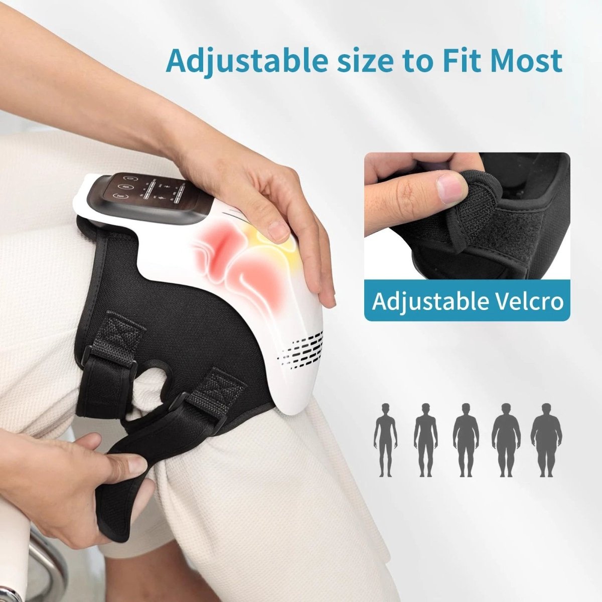 Mandotos knee relief massager with heating and vibration features, showing the device wrapped around a user's knee for pain relief.