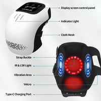 Mandotos knee relief massager with heating and vibration therapy, showing the device wrapped around a knee for pain relief.
