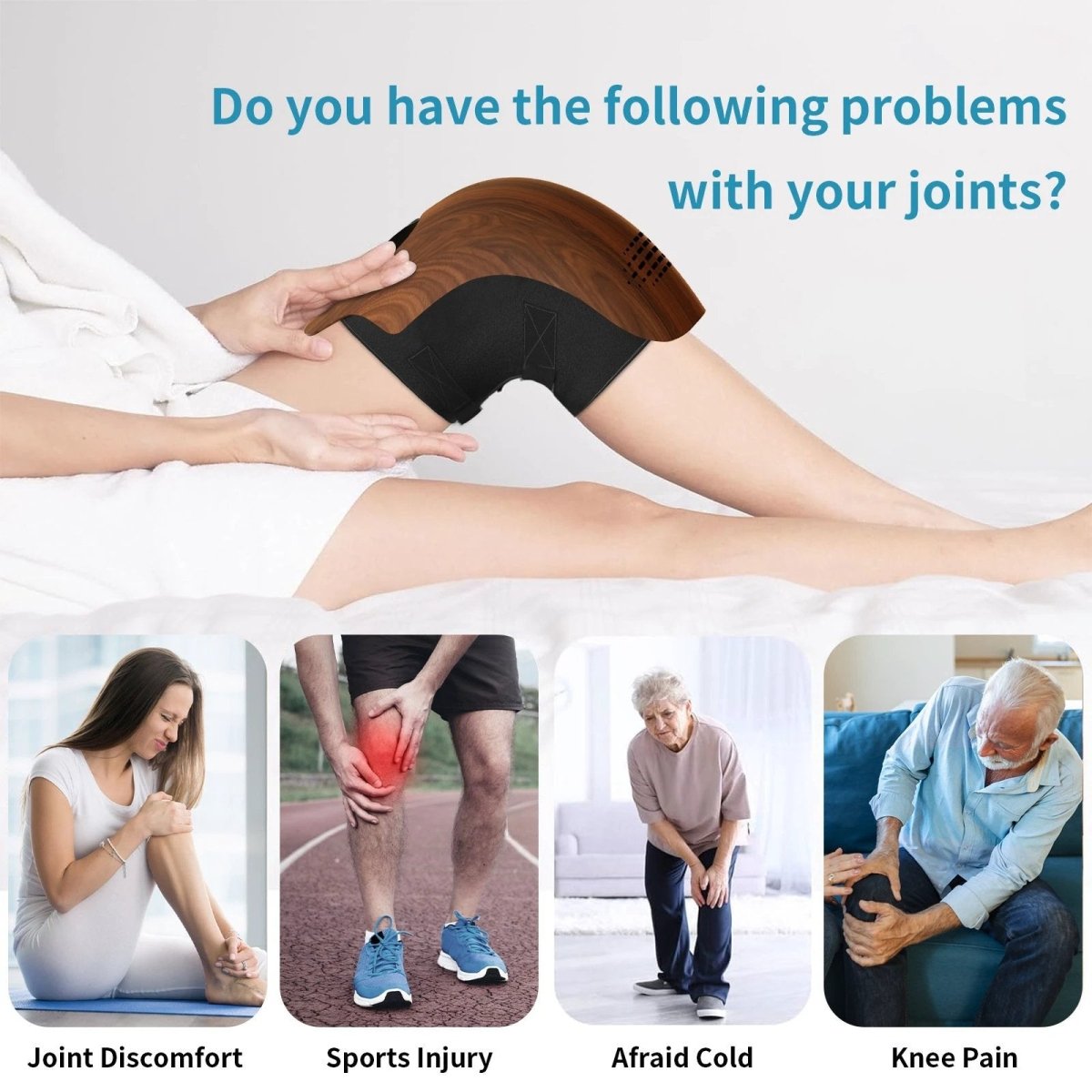 Mandotos knee relief massager with heating and vibration therapy showing adjustable straps and control panel for pain relief