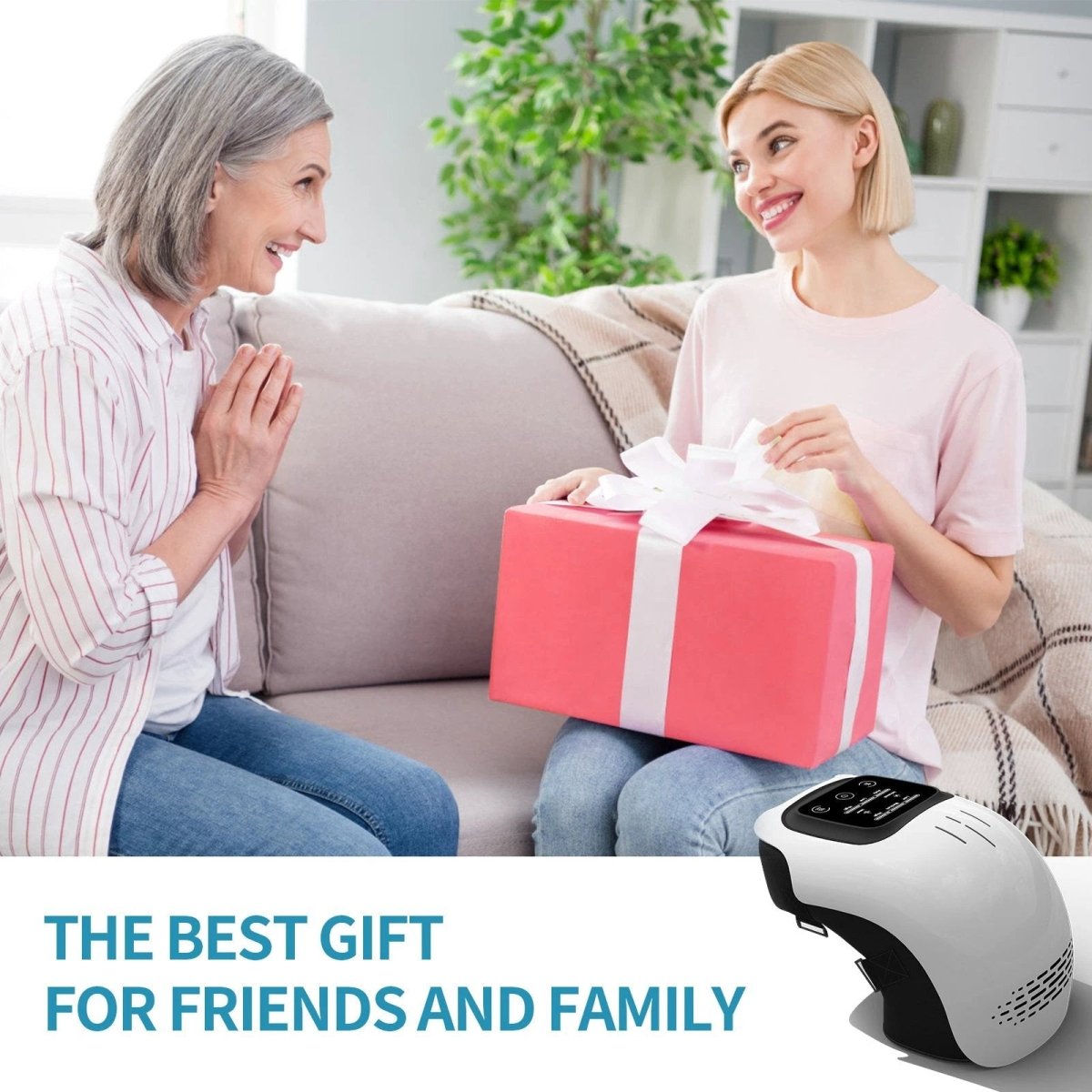 Mandotos knee relief massager with heating and vibration technology, showing the device on a person's knee.