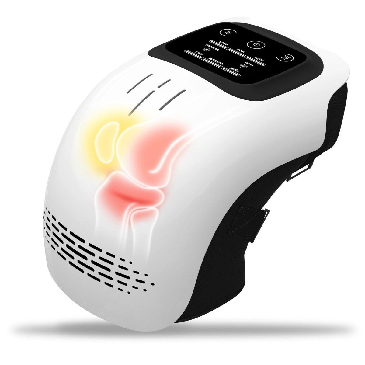 Mandotos knee relief massager with heating and vibration therapy, shown on a person's knee for pain relief and soothing comfort.