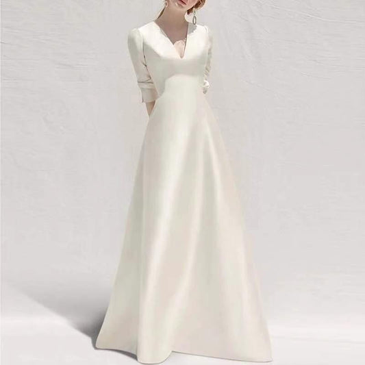 Mandotos white satin dress for women featuring a sleek long skirt and elegant French-inspired design.