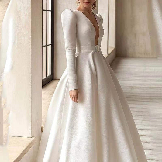 Mandotos ladies white satin dress with a long skirt, elegant French-inspired design, thin fabric, and high-quality finish.