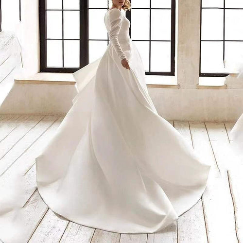 Elegant white satin dress for ladies by MANDOTOS, featuring a high French temperament design and a long skirt.