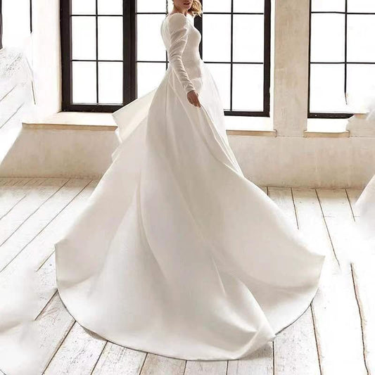 Elegant white satin dress for ladies by MANDOTOS, featuring a high French temperament design and a long skirt.