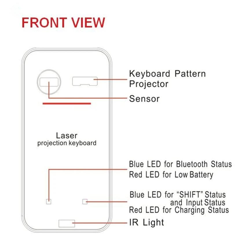 Mandotos LEING FST virtual laser Bluetooth wireless keyboard projected onto a surface with integrated mouse function for computers and laptops.