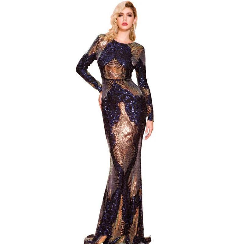Mandotos long sleeve backless sequin maxi dress for women, featuring a sparkling, elegant design suitable for special occasions.
