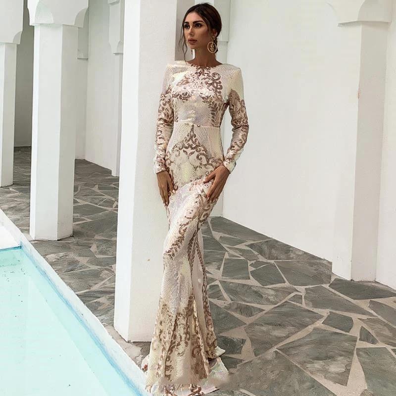 Mandotos long sleeve backless sequin maxi dress for women, featuring a shimmering design and elegant multi-strap style.