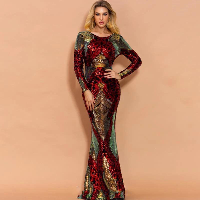 Mandotos long sleeve backless sequin maxi dress for women, featuring a shimmering design and elegant, flowing silhouette.