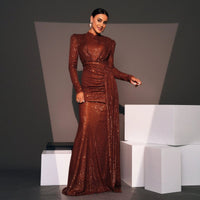Mandotos long sleeve round neck sequined banquet dress, slim fit, elegant evening gown with shimmering embellishments