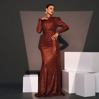 Mandotos long sleeve round neck sequined banquet dress, slim fit, elegant evening gown with shimmering embellishments.