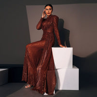 Mandotos long sleeve round neck slim sequined banquet dress, elegant evening gown with a fitted silhouette and shimmering details.