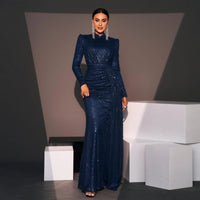 Mandotos long sleeve round neck slim sequined banquet dress, elegant evening gown with a fitted silhouette and shimmering embellishments.