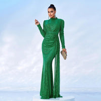 Mandotos long sleeve round neck sequined banquet dress, slim fit, elegant evening gown with shimmering embellishments.