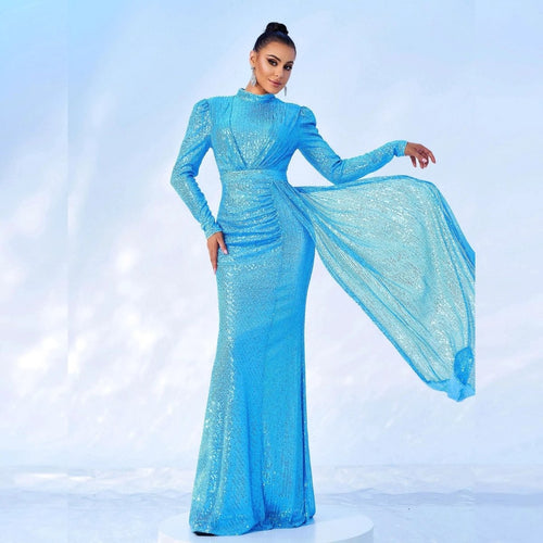 Mandotos long sleeve round neck sequined banquet dress, slim fit, elegant evening gown with sparkling embellishments