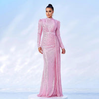 Mandotos long sleeve round neck sequined banquet dress, slim fit, elegant evening gown with shiny embellishments.