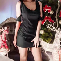 Mandotos low cut off shoulder mini skirt dress featuring a sleek, fitted design and stylish off-shoulder neckline.