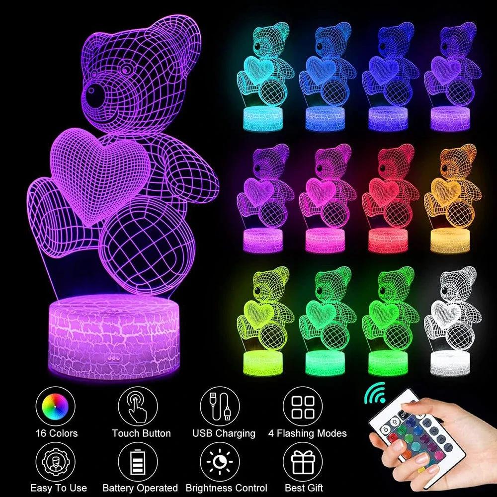 Mandotos 3D Teddy Bear Lamp with acrylic design, USB LED night light featuring 16 colors and remote control.