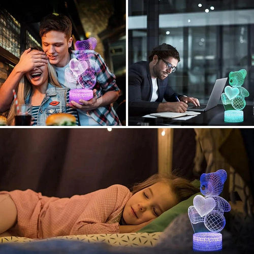 Mandotos 3D Teddy Bear LED Night Light with acrylic body, USB powered, 16 color options, remote control for customizable lighting.