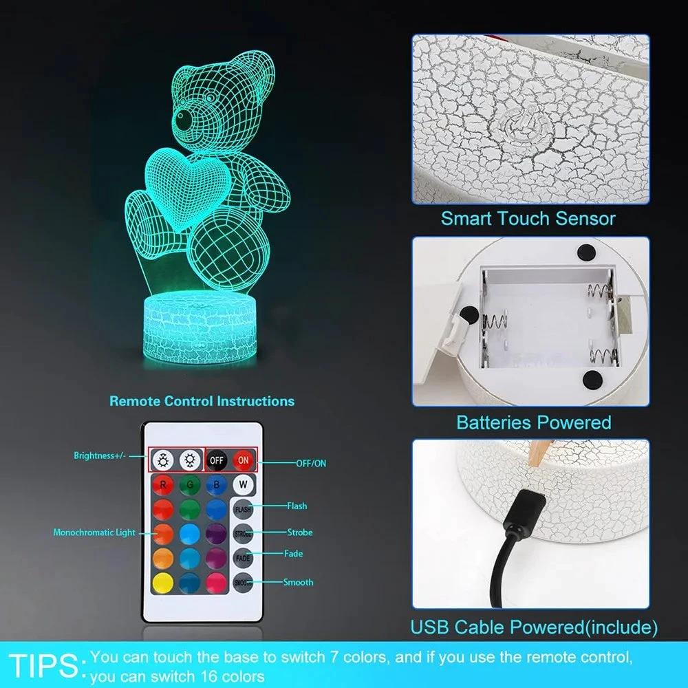 Mandotos 3D teddy bear LED night light with acrylic body, 16 color options, USB power, and remote control.