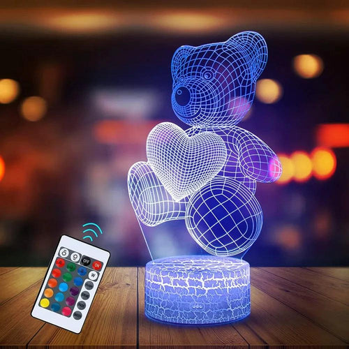 Mandotos 3D teddy bear LED night light with acrylic design, remote control, and 16 color options for cozy room decor.