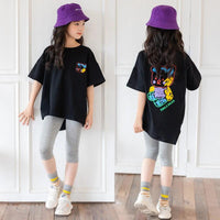 Mandotos cartoon irregular black graphic tee for big kids with colorful bear back print and short sleeves.
