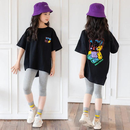 Mandotos cartoon irregular black graphic tee for big kids with colorful bear back print and short sleeves.