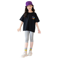 Mandotos black cartoon graphic tee for big kids with colorful bear back print and short sleeves, casual and fun kids' t-shirt.