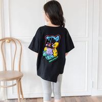 Mandotos cartoon irregular black kids' graphic tee with colorful bear back print and short sleeves, perfect for big kids.