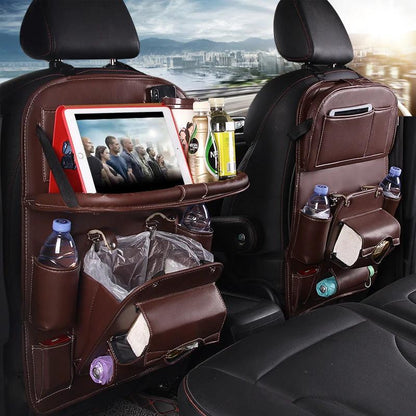Mandotos waterproof PU leather car organizer seat back tray with compartments and sturdy design for vehicle storage.