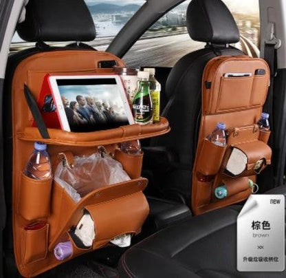 Mandotos PU leather car seat back organizer tray, waterproof car organizer with multiple compartments for travel essentials.