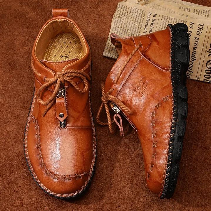 Mandotos men's leather British short boots with hand-stitched details, retro style, large size, durable leather construction.