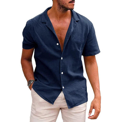 Men's casual beach shirt by MANDOTOS, short sleeve button-down shirt ideal for effortless summer style, shown flat.