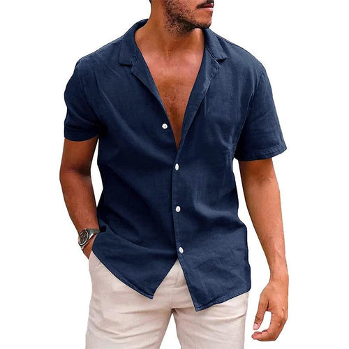 Men's casual beach shirt by MANDOTOS, short sleeve button-down shirt ideal for effortless summer style, shown flat.