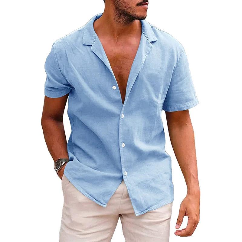 Men's casual beach shirt by MANDOTOS, short sleeve button-down shirt ideal for effortless summer style, displayed on a hanger.