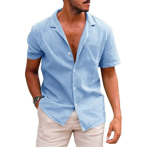 Men's casual beach shirt by MANDOTOS, short sleeve button-down shirt ideal for effortless summer style, displayed on a hanger.