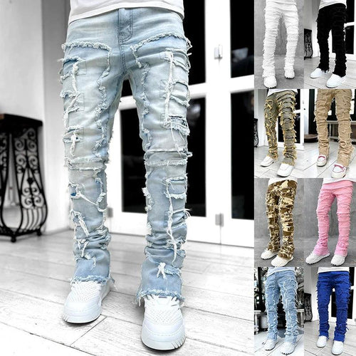 Men's stacked jeans by Mandotos, long tight fit trousers with individual patched design, suitable for bold style and casual wear.