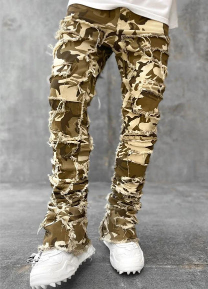Mandotos men's stacked jeans with patched design, long tight fit trousers showcasing bold style and modern denim craftsmanship.