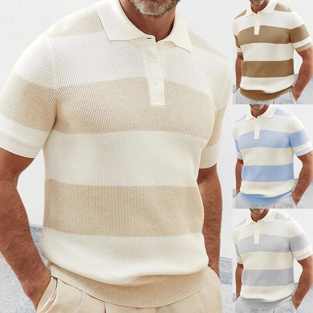 Men's summer fashion short sleeve lapel sweater by MANDOTOS, stylish casual men's clothing, lightweight and comfortable for warm weather.