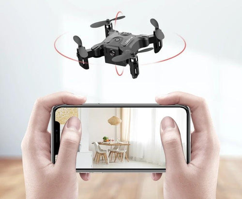 Mini folding drone from MANDOTOS with compact design and propellers, suitable for aerial photography and indoor flying.