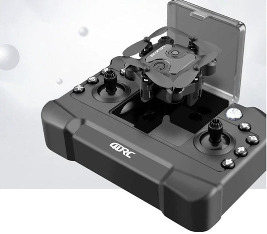 Mini folding drone by MANDOTOS with compact design and propellers folded, ready for aerial photography or outdoor flying.