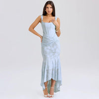 Purple Mozision off-shoulder backless evening dress for women, sleeveless strapless ruched bodycon style, perfect for club and party.