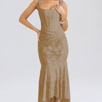 Purple Mozision off-shoulder backless evening dress for women, sleeveless, strapless, ruched bodycon style, suitable for club and party wear.