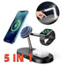 MANDOTOS multifunctional five-in-one magnetic wireless charger with phone, watch, and headset holder, 15W fast charging on desktop.